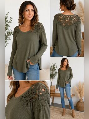 American Eagle Olive Green Waffle Knit Floral Lace Back Top Small Boho Long Slee